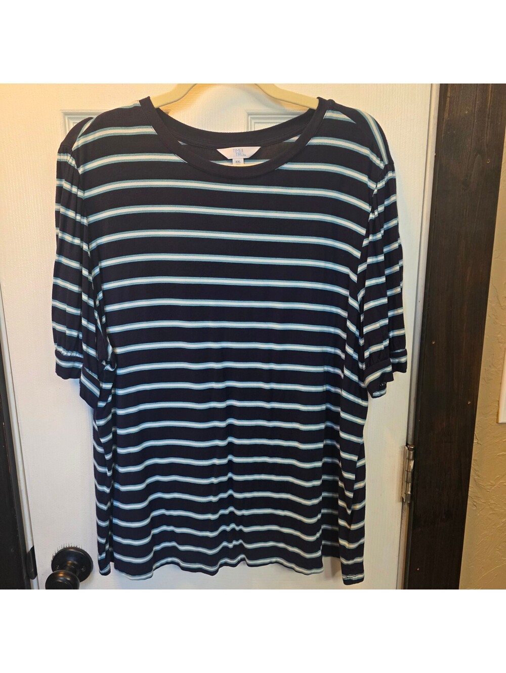 Time and Tru Navy Blue and Light Blue Striped Short Sleeve Shirt-XXL